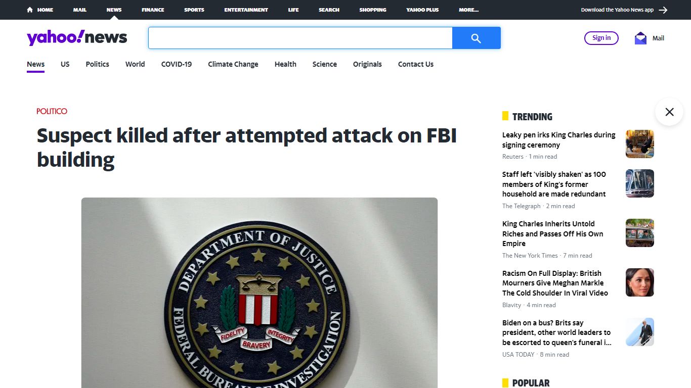 Suspect killed after attempted attack on FBI building